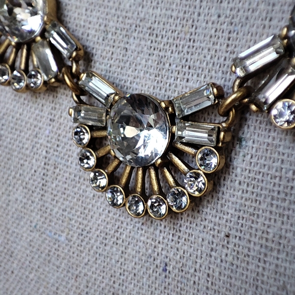 J. Crew Fan Baguette Crystal Clear Rhinestone Brass Tone Statement Necklace EUC - Picture 6 of 10